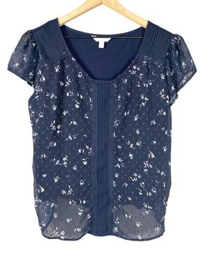 Women’s Lauren Conrad Floral Blouse w/ Dotted Texture Short Sleeve Navy Size XL